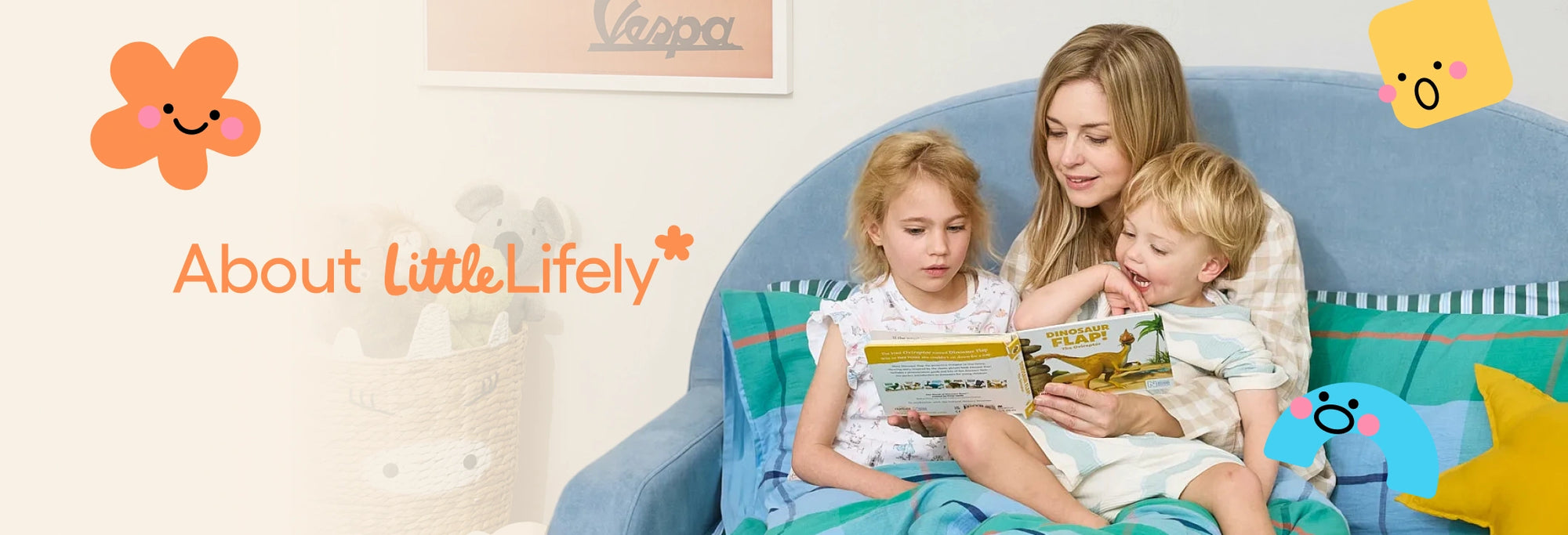 Woman and two children sitting on a couch reading a book, with 'About LittleLively' branding.