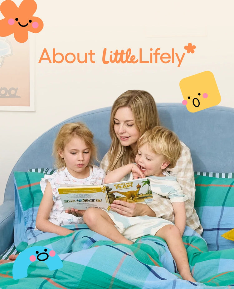 Woman reading a book to two children on a couch with 'About LittleLively' branding.