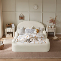 Children's room with a bed, toys, and decorative items on a neutral background