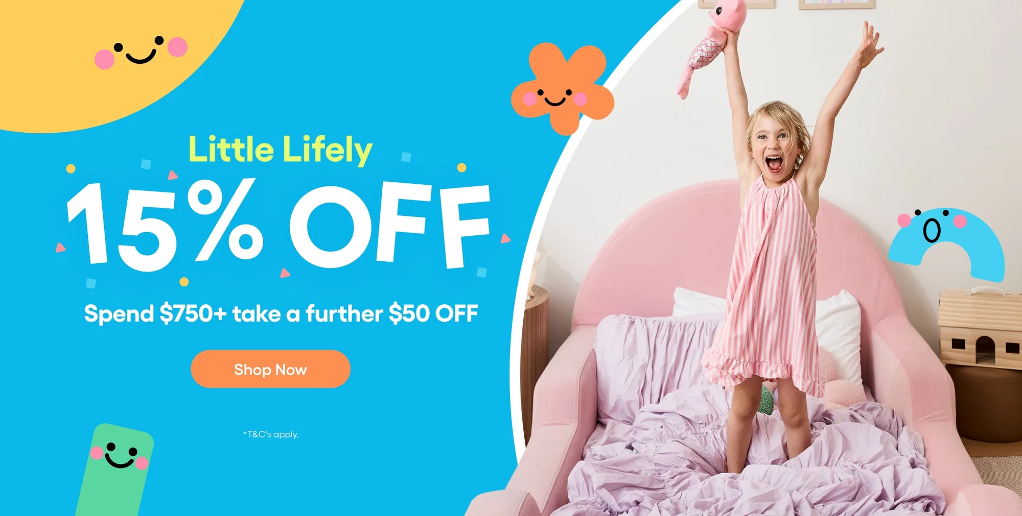 Promotional banner for 'Little Lively' with a child in a pink dress on a bed, featuring a 15% off discount offer.