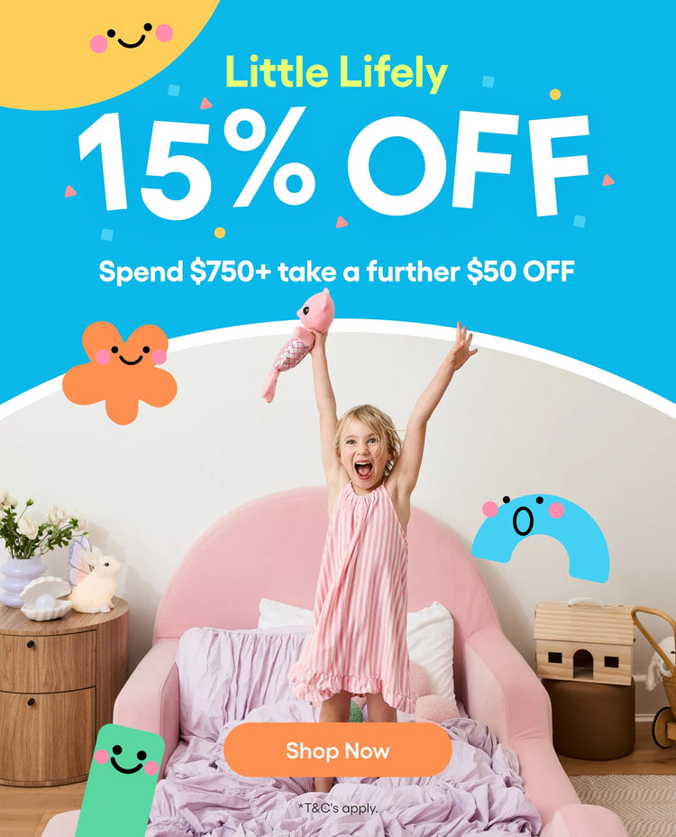 Promotional advertisement for 'Little Lifely' with a child on a pink chair, holding a toy, and colorful text overlay.