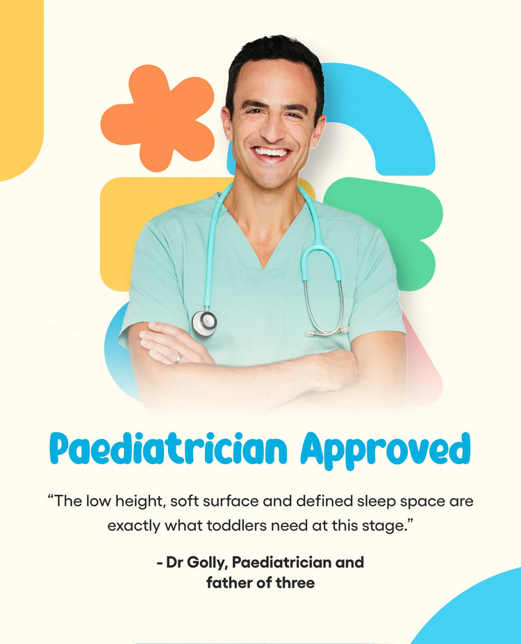 Doctor with a stethoscope against a colorful background with text about paediatrician approval.
