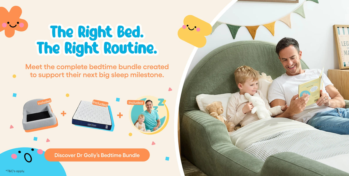 A promotional lifestyle graphic for a bedtime bundle, showing a father and child reading in bed on the right, and product callouts on the left including a mattress, a sleep sack, and a sleep tracker. Text reads 'The Right Bed.