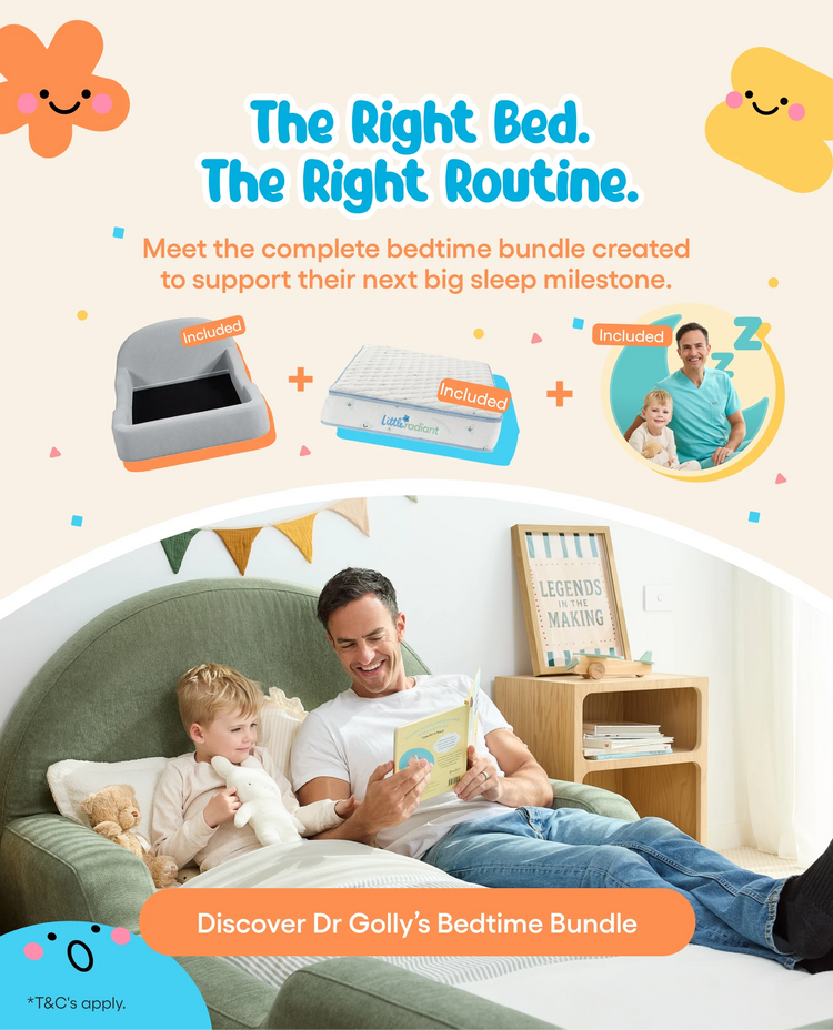 Promotional graphic for Dr. Golly's Bedtime Bundle, featuring a man and child reading in a cozy bedroom scene on a green armchair.