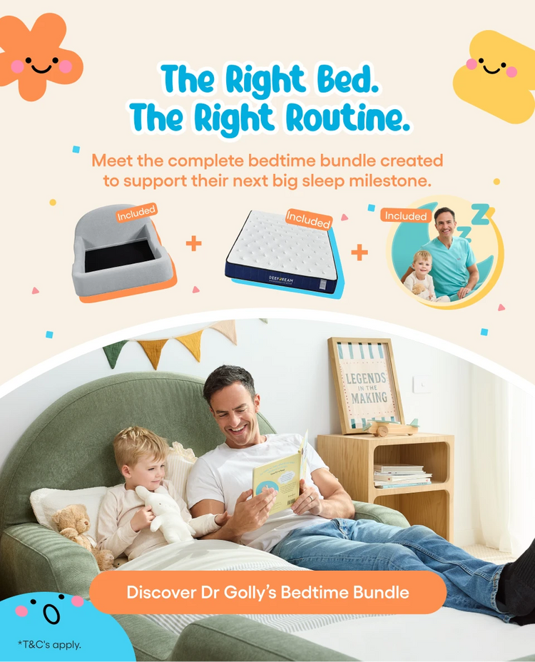 Promotional graphic for Dr. Golly's Bedtime Bundle, featuring a man and child reading on a green armchair in a cozy room, with floating illustrations of a pet bed and mattress on a warm cream background.