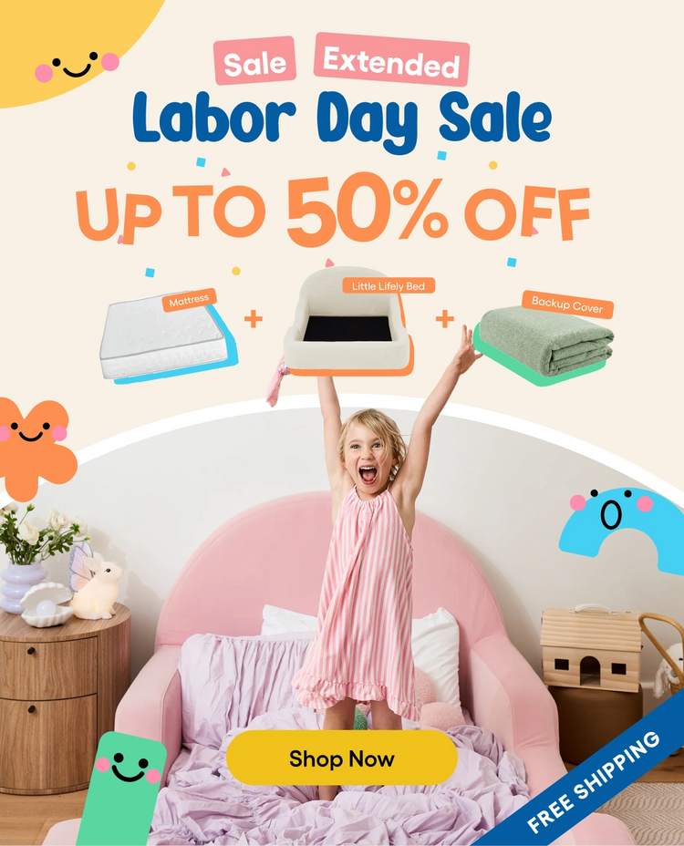 Labor Day Sale promotional graphic with a child jumping on a pink bed in a bedroom scene, surrounded by floating product cutouts including a mattress, mattress protector, and folded blanket. Large text reads 'Sale Extended Labor Day Sale UP TO 50% OFF' with a 'Shop Now' button and 'FREE SHIPPING' banner.