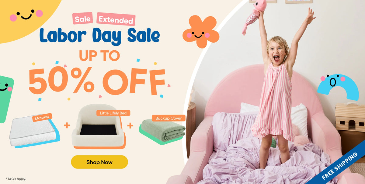 Promotional banner for a Labor Day Sale featuring a young girl in a pink striped dress jumping excitedly on a pink bed. The left side contains large sale text ('Labor Day Sale', 'Up to 50% Off'), product callouts, and a blue 'Free Shipping' ribbon.