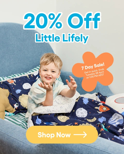 Child on a bed with space-themed bedding, promotional text overlay for 'Little Lifely' sale.