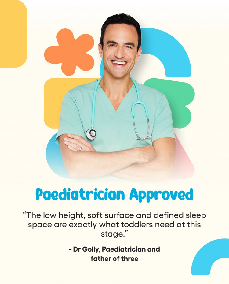 A promotional graphic featuring a smiling male pediatrician in mint green scrubs with a stethoscope, set against a cream background with colorful abstract shapes and the text 'Paediatrician Approved' with a quote attributed to Dr. Golly.