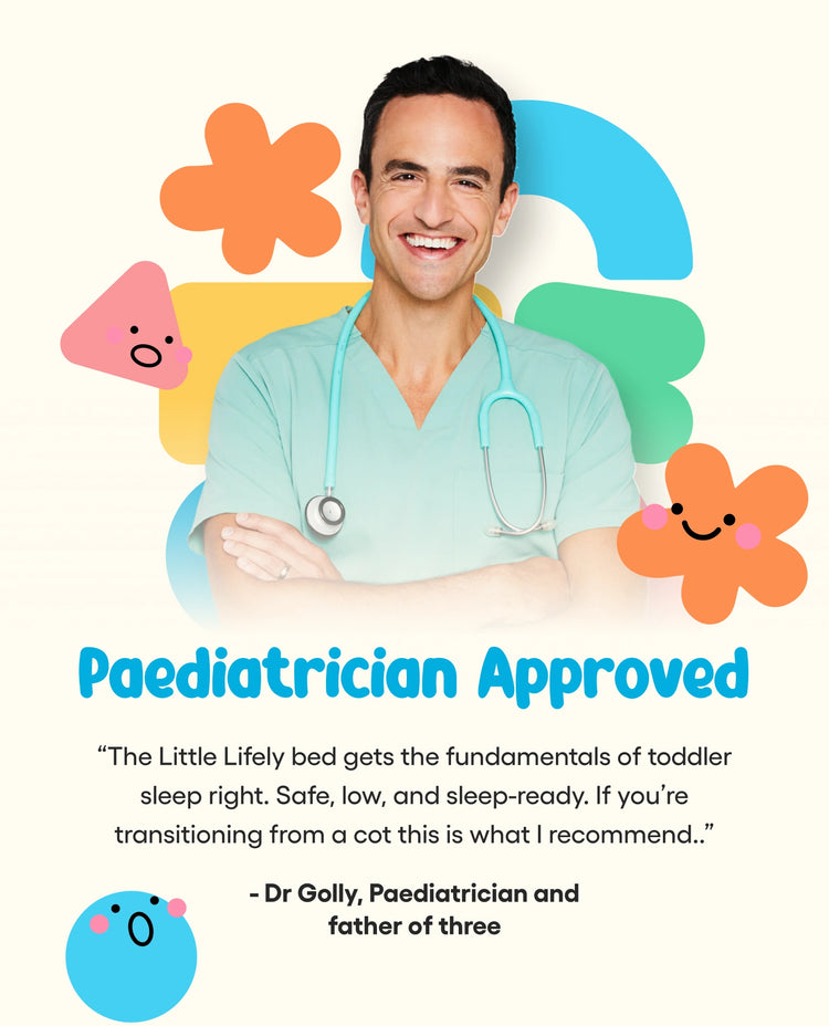 Paediatrician with colorful background and text about a product recommendation.