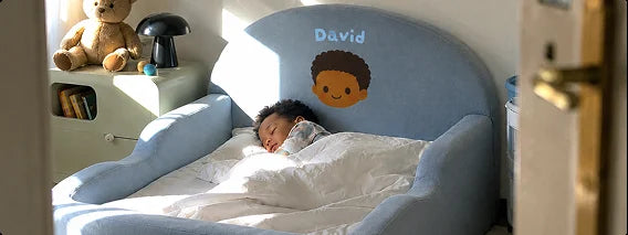 Personalised blue Little Lifely bed with name and character