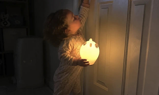 Toddler by a closed bedroom door at night