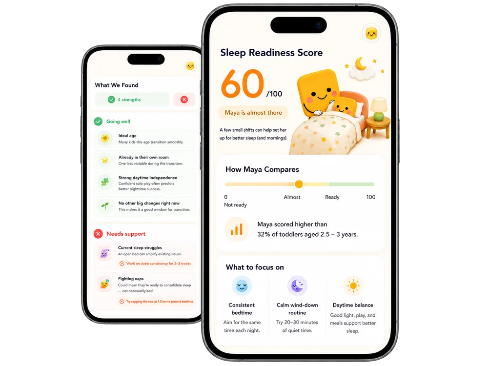 Sleep readiness quiz score and result screens